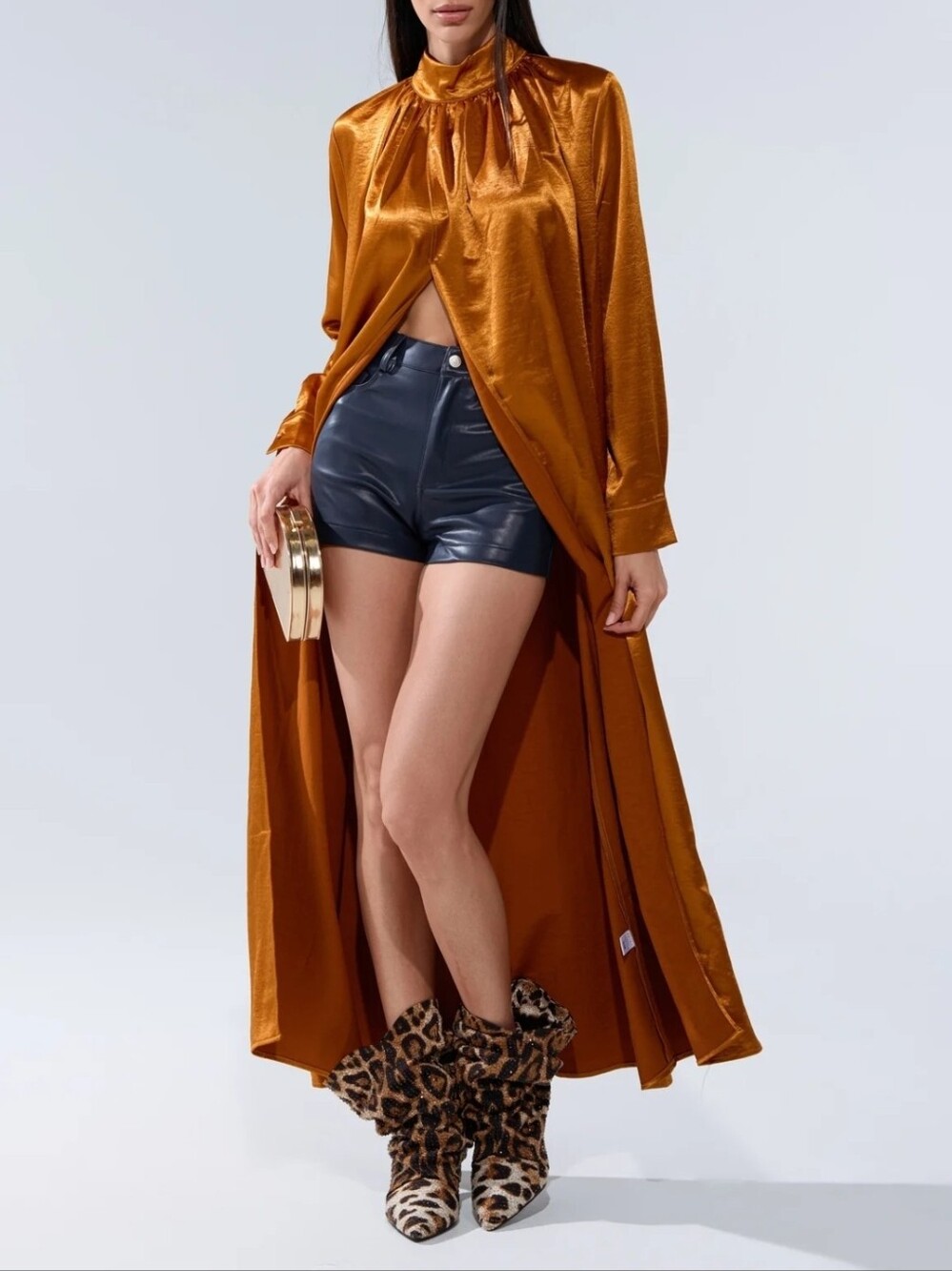 Akira Queen Type Blouse | Satin Maxi Shirt in Metallic Copper